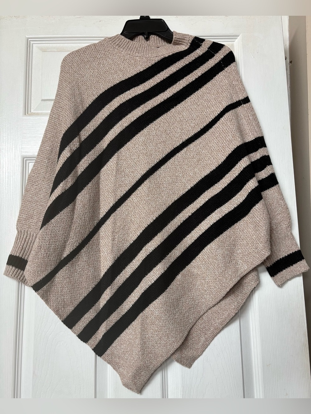 Striped Taupe Poncho Sweater with Black Accents